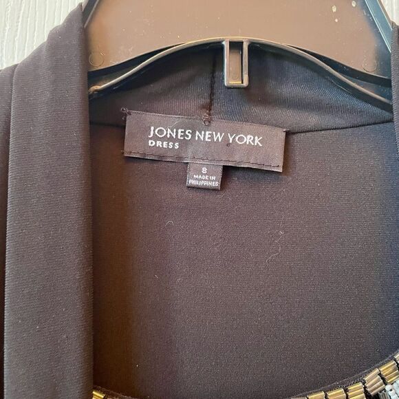 VINTAGE BLACK JONES NEW YORK DRESS WITH BEADED COLAR SIZE 8 EVC - Picture 4 of 7